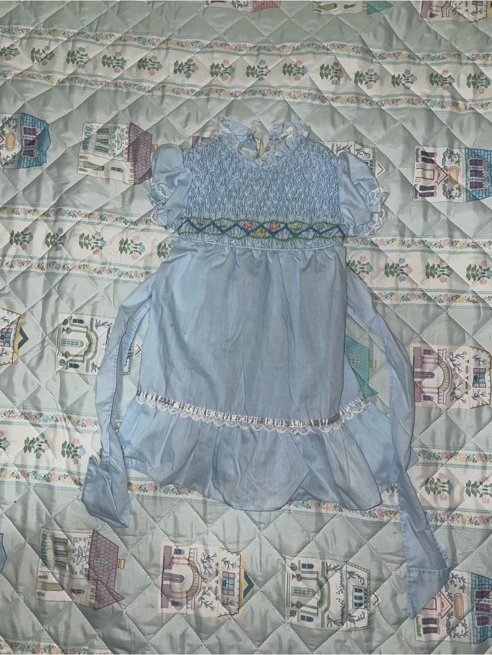 Light Blue Smocked Baby Dress with Floral Embroidery